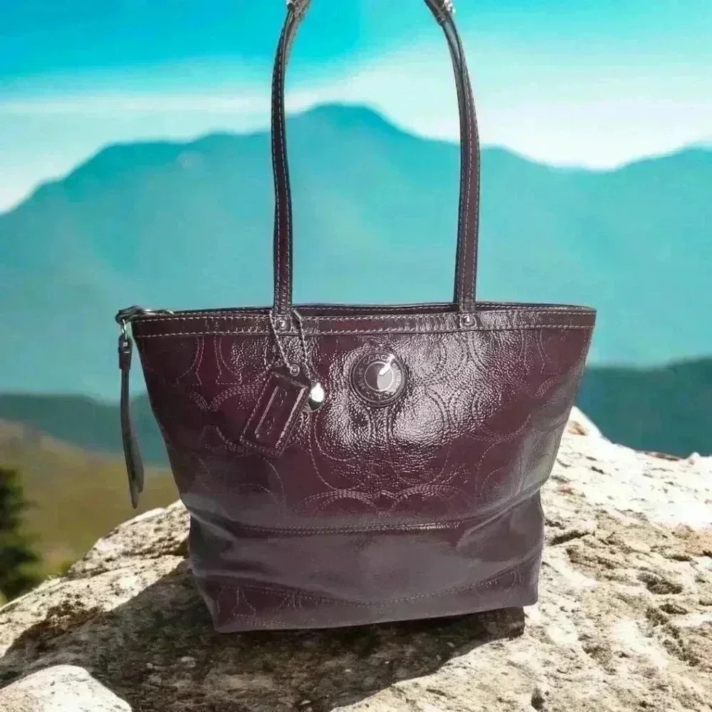 COACH Plum/ Burgundy Signature Patent Leather Tote - Picture 11 of 12